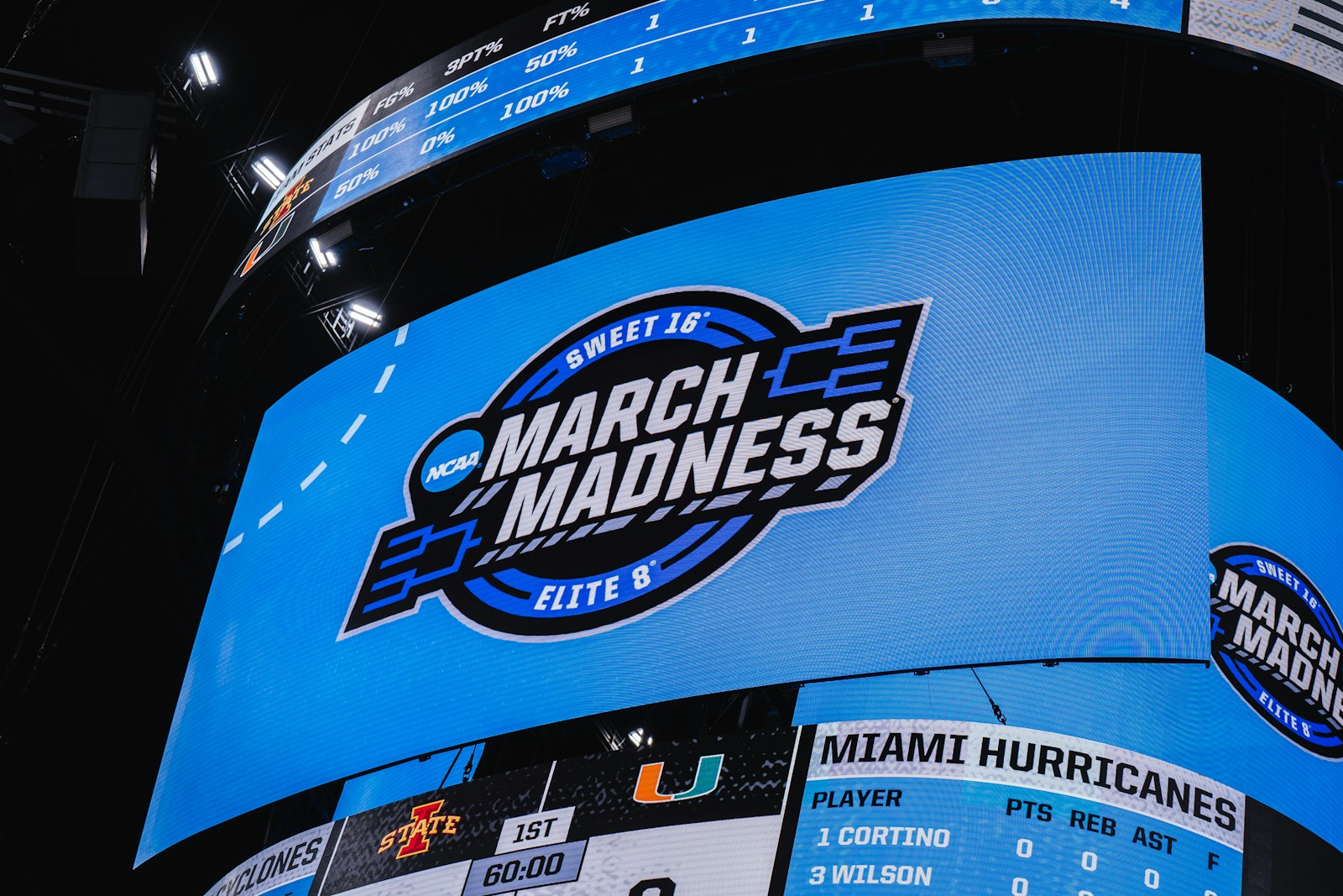 the march madness logo is displayed on the side of a building